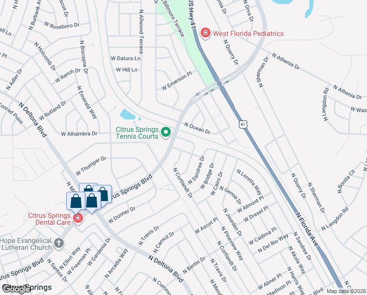 map of restaurants, bars, coffee shops, grocery stores, and more near 1239 West Sorrento Drive in Citrus Springs