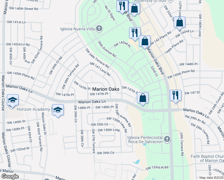 map of restaurants, bars, coffee shops, grocery stores, and more near 3530 Southwest 147 Lane Road in Ocala