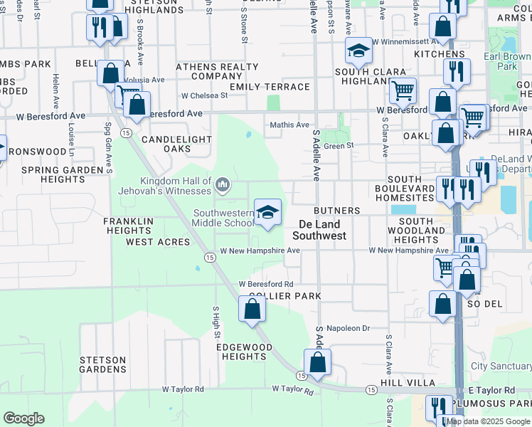 map of restaurants, bars, coffee shops, grocery stores, and more near 605 West New Hampshire Avenue in DeLand