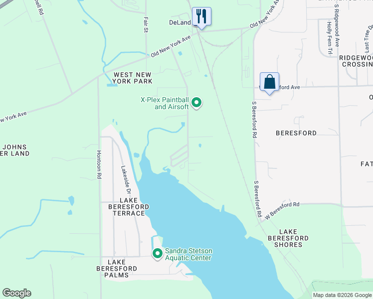 map of restaurants, bars, coffee shops, grocery stores, and more near 1250 Lakeview Drive in DeLand