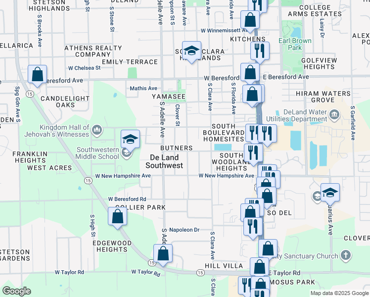 map of restaurants, bars, coffee shops, grocery stores, and more near 1124 South Delaware Avenue in DeLand
