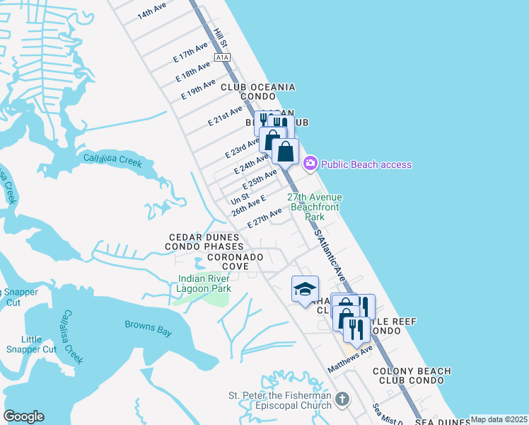 map of restaurants, bars, coffee shops, grocery stores, and more near 816 East 27th Avenue in New Smyrna Beach