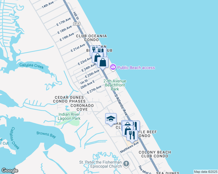 map of restaurants, bars, coffee shops, grocery stores, and more near 835 East 27th Avenue in New Smyrna Beach