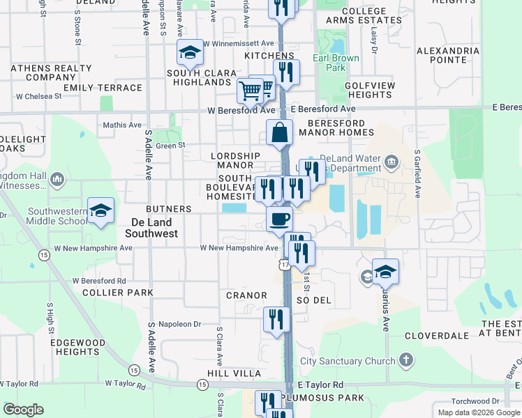 map of restaurants, bars, coffee shops, grocery stores, and more near 111 West Vermont Avenue in DeLand
