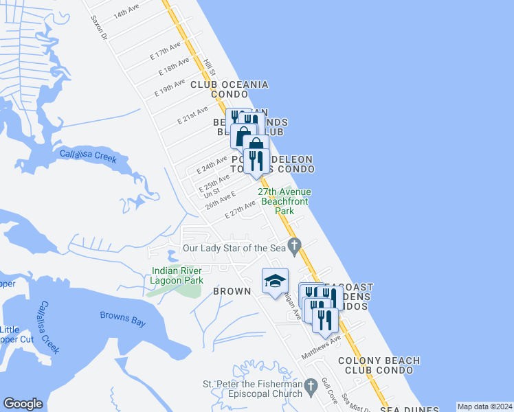 map of restaurants, bars, coffee shops, grocery stores, and more near 835 East 27th Avenue in New Smyrna Beach