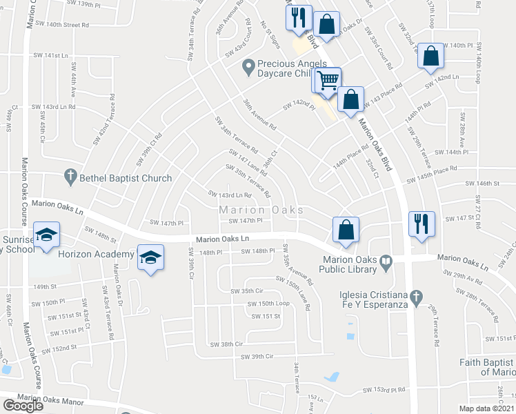 map of restaurants, bars, coffee shops, grocery stores, and more near Southwest 147th Street in Ocala