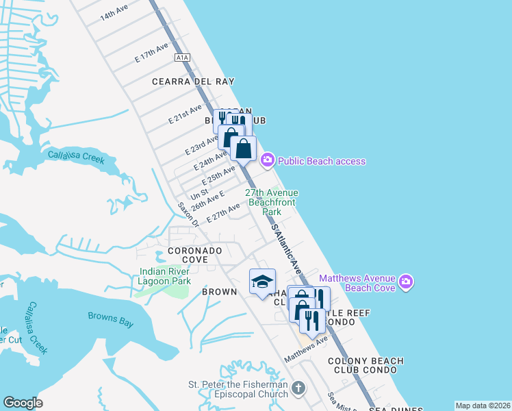map of restaurants, bars, coffee shops, grocery stores, and more near 3700 South Atlantic Avenue in New Smyrna Beach