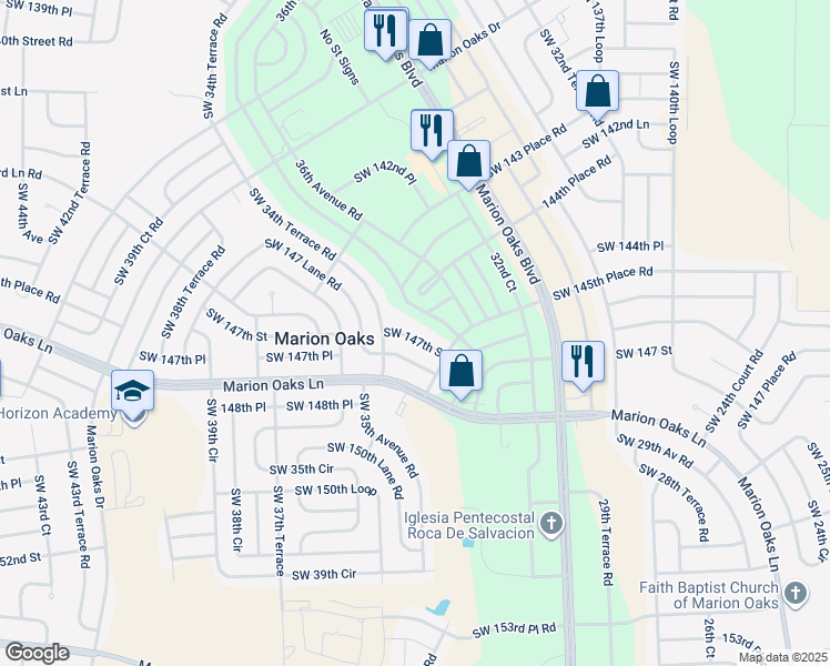 map of restaurants, bars, coffee shops, grocery stores, and more near 3387 Southwest 147th Street in Ocala