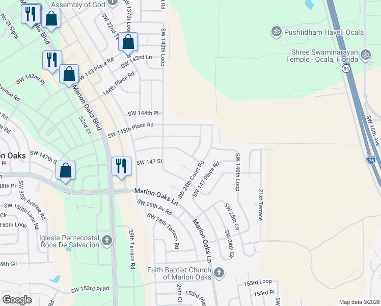 map of restaurants, bars, coffee shops, grocery stores, and more near 14640 Southwest 24th Court Road in Ocala
