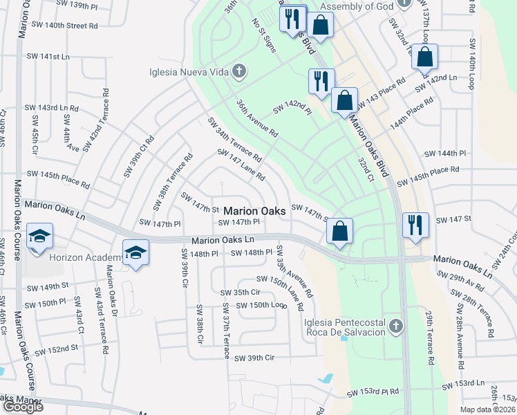 map of restaurants, bars, coffee shops, grocery stores, and more near in Marion Oaks