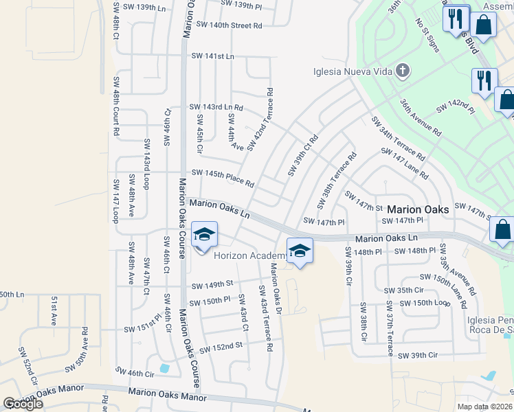 map of restaurants, bars, coffee shops, grocery stores, and more near 14694 Southwest 43rd Court Road in Ocala