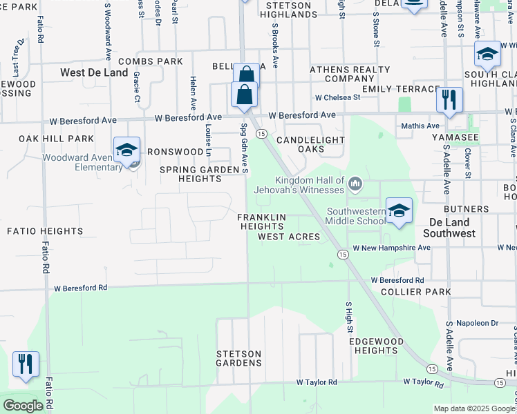 map of restaurants, bars, coffee shops, grocery stores, and more near 1050 Gayle Drive in DeLand