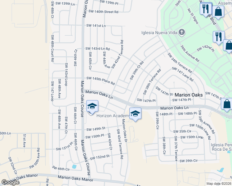 map of restaurants, bars, coffee shops, grocery stores, and more near 14694 Southwest 43rd Court Road in Ocala