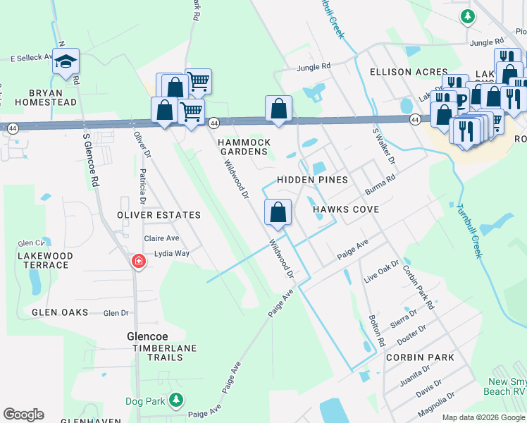 map of restaurants, bars, coffee shops, grocery stores, and more near 521 Wildwood Drive in New Smyrna Beach