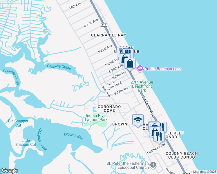 map of restaurants, bars, coffee shops, grocery stores, and more near 802 East 26th Avenue in New Smyrna Beach
