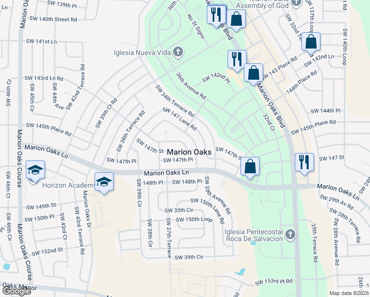 map of restaurants, bars, coffee shops, grocery stores, and more near in Marion Oaks