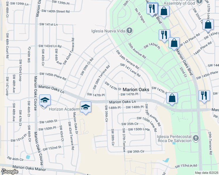 map of restaurants, bars, coffee shops, grocery stores, and more near 3829 Southwest 147th Street in Ocala