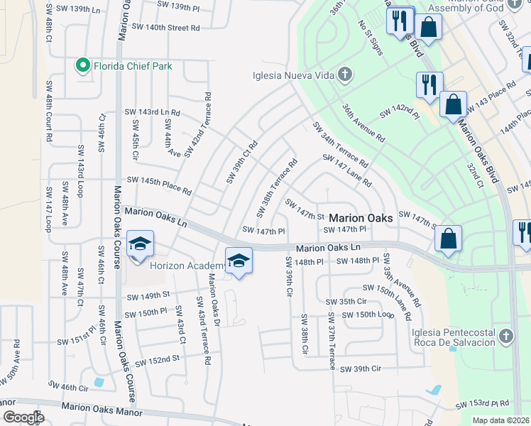 map of restaurants, bars, coffee shops, grocery stores, and more near 14694 Southwest 38th Terrace Road in Ocala