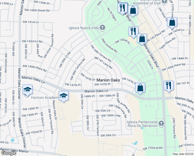 map of restaurants, bars, coffee shops, grocery stores, and more near 3727 Southwest 147th Street in Ocala