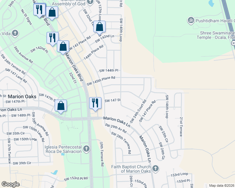 map of restaurants, bars, coffee shops, grocery stores, and more near 2760 Southwest 146th Place Road in Ocala