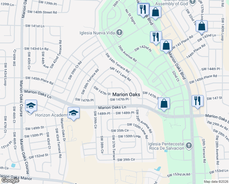 map of restaurants, bars, coffee shops, grocery stores, and more near 3727 Southwest 147th Street in Ocala