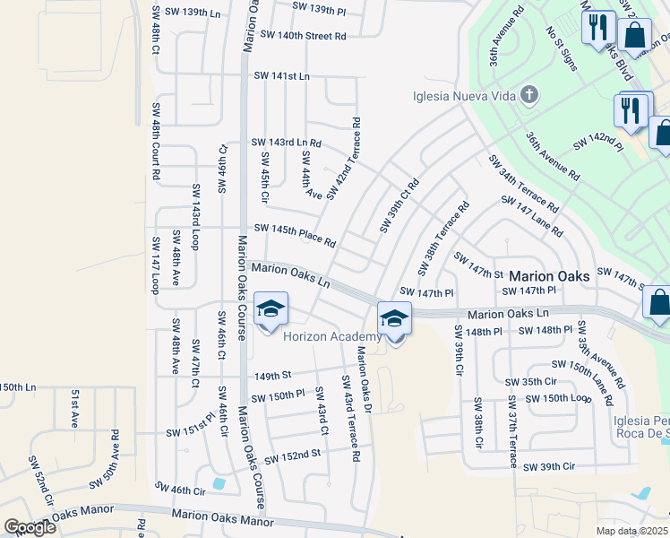 map of restaurants, bars, coffee shops, grocery stores, and more near 14694 Southwest 43rd Court Road in Ocala