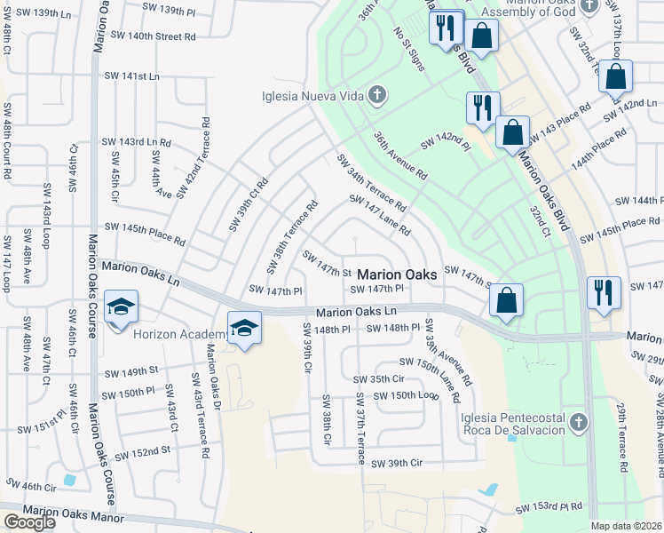 map of restaurants, bars, coffee shops, grocery stores, and more near 3829 Southwest 147th Street in Ocala