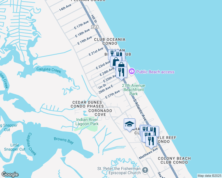 map of restaurants, bars, coffee shops, grocery stores, and more near 816 East 27th Avenue in New Smyrna Beach