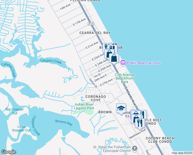 map of restaurants, bars, coffee shops, grocery stores, and more near 802 East 26th Avenue in New Smyrna Beach