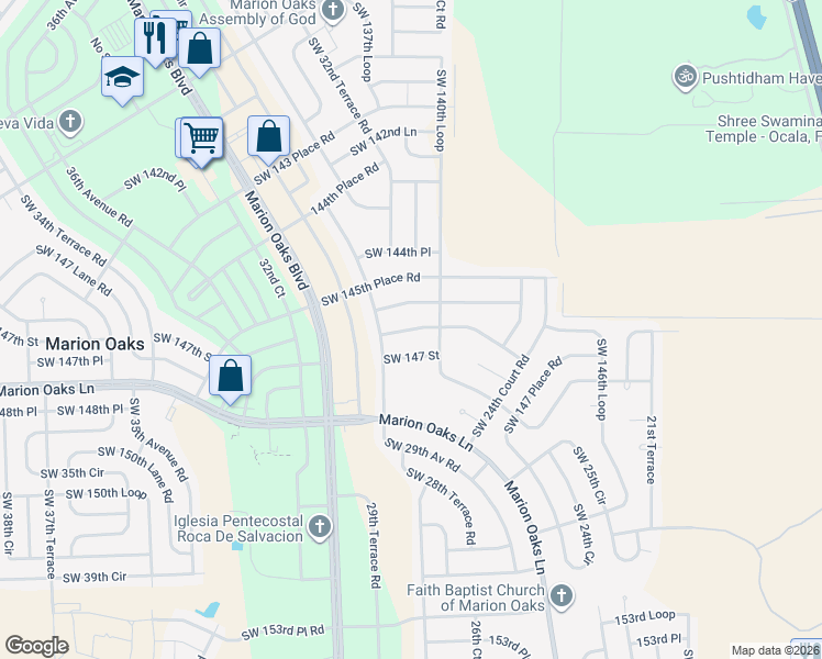 map of restaurants, bars, coffee shops, grocery stores, and more near 2850 Southwest 146th Place Road in Ocala