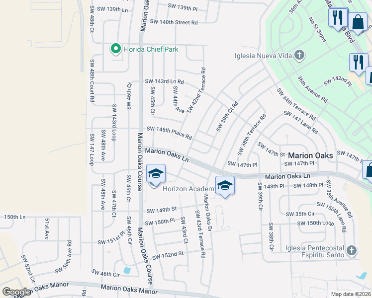 map of restaurants, bars, coffee shops, grocery stores, and more near 14694 Southwest 43rd Court Road in Ocala