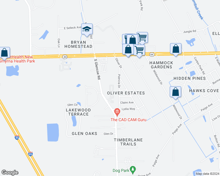 map of restaurants, bars, coffee shops, grocery stores, and more near 20302 Lymestone Court in New Smyrna Beach