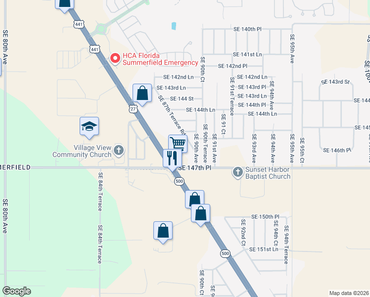 map of restaurants, bars, coffee shops, grocery stores, and more near 14664 Southeast 87th Terrace Road in Summerfield
