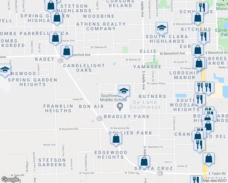 map of restaurants, bars, coffee shops, grocery stores, and more near 700 West Cincinnati Avenue in DeLand