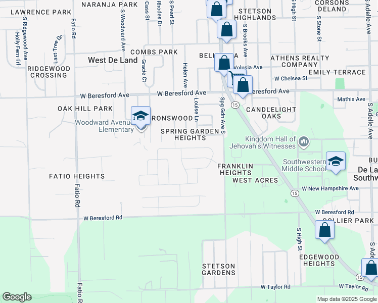 map of restaurants, bars, coffee shops, grocery stores, and more near 1244 Helen Drive in DeLand