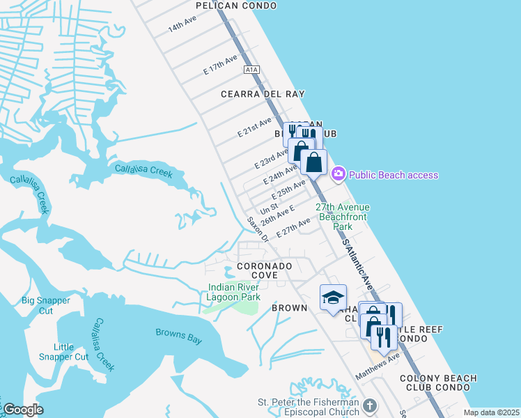 map of restaurants, bars, coffee shops, grocery stores, and more near 803 East 25th Avenue in New Smyrna Beach