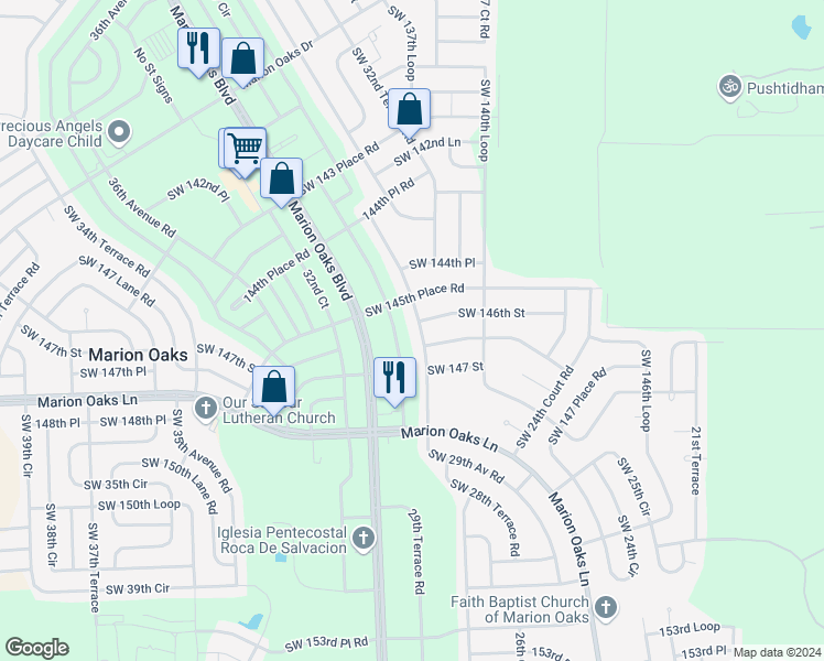 map of restaurants, bars, coffee shops, grocery stores, and more near 14622 Southwest 29th Avenue Road in Ocala