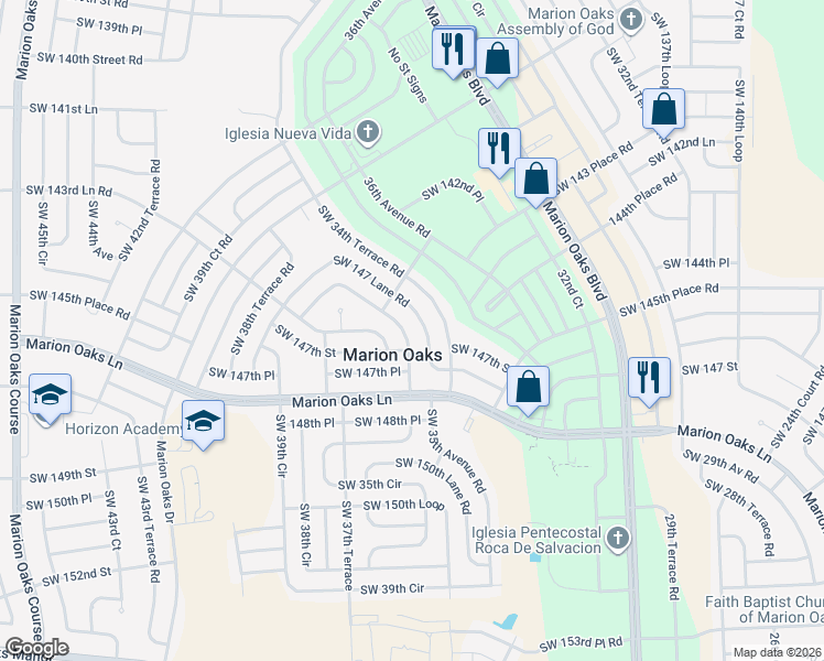 map of restaurants, bars, coffee shops, grocery stores, and more near 14665 Southwest 35th Terrace Road in Ocala