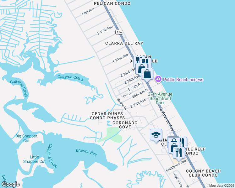 map of restaurants, bars, coffee shops, grocery stores, and more near 3505 Saxon Drive in New Smyrna Beach