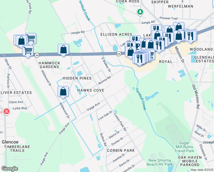 map of restaurants, bars, coffee shops, grocery stores, and more near 621 Corbin Park Road in New Smyrna Beach