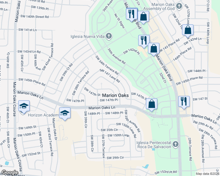 map of restaurants, bars, coffee shops, grocery stores, and more near 14601 Southwest 35th Terrace Road in Ocala