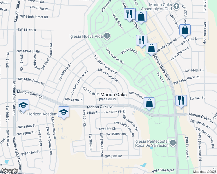 map of restaurants, bars, coffee shops, grocery stores, and more near 14601 Southwest 35th Terrace Road in Ocala
