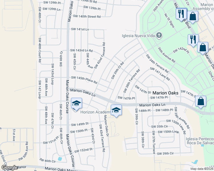 map of restaurants, bars, coffee shops, grocery stores, and more near 4248 Southwest 145th Lane in Ocala
