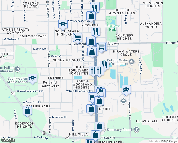 map of restaurants, bars, coffee shops, grocery stores, and more near 135 West Lisbon Parkway in DeLand