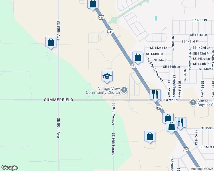 map of restaurants, bars, coffee shops, grocery stores, and more near 8445 Southeast Sunset Harbor Road in Summerfield