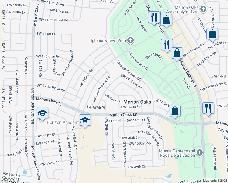 map of restaurants, bars, coffee shops, grocery stores, and more near 14540 Southwest 35th Terrace Road in Ocala