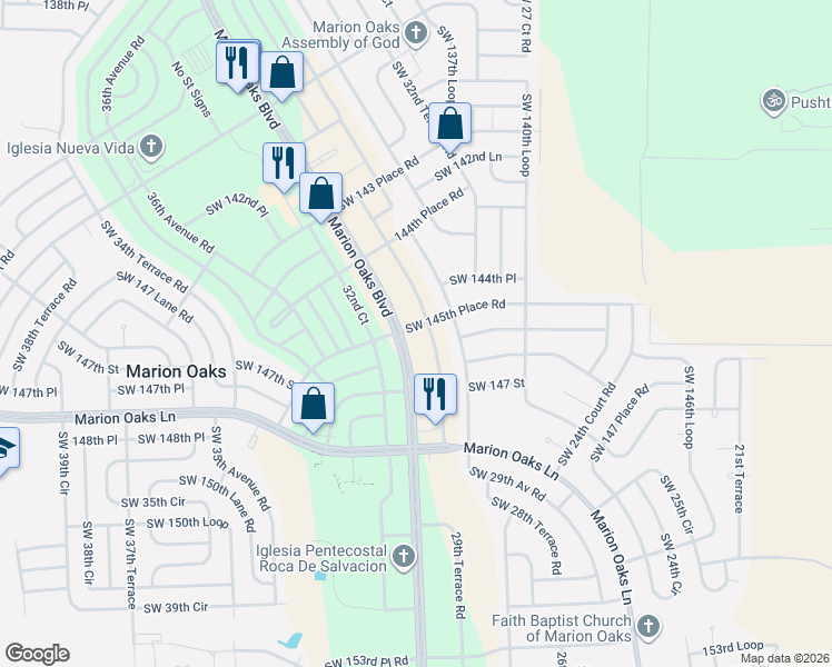 map of restaurants, bars, coffee shops, grocery stores, and more near Southwest 145th Place Road in Ocala