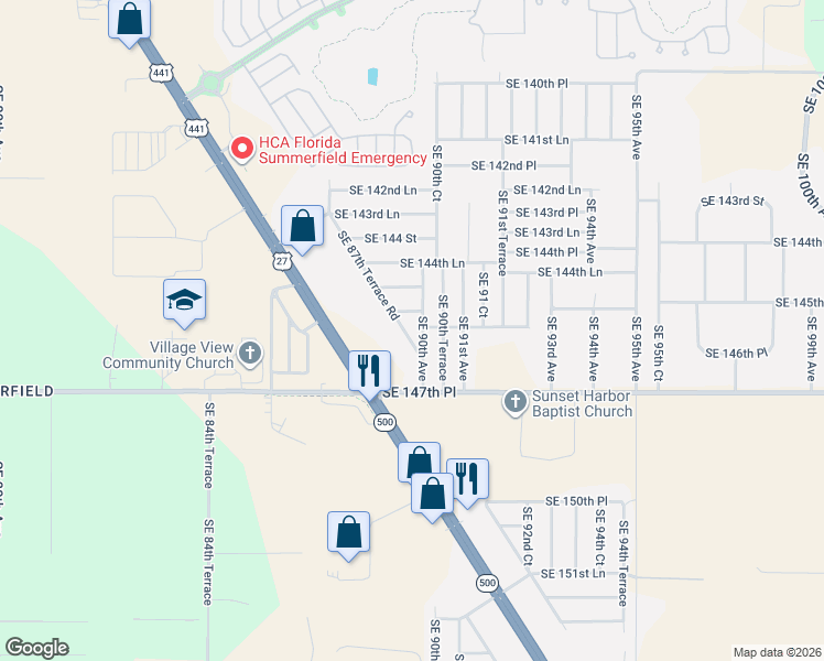 map of restaurants, bars, coffee shops, grocery stores, and more near 8940 Southeast 145th Lane in Summerfield