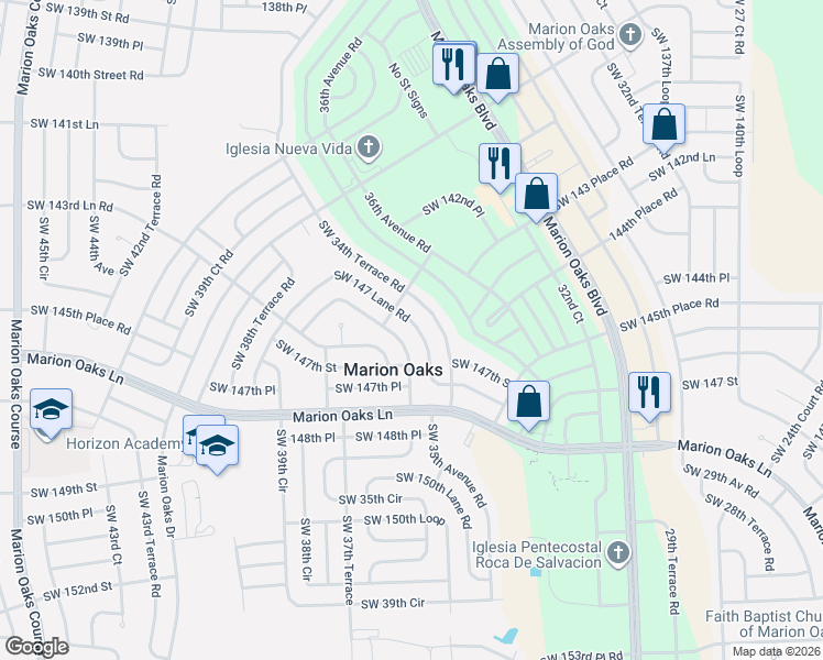 map of restaurants, bars, coffee shops, grocery stores, and more near 14566 Southwest 34th Terrace Road in Ocala