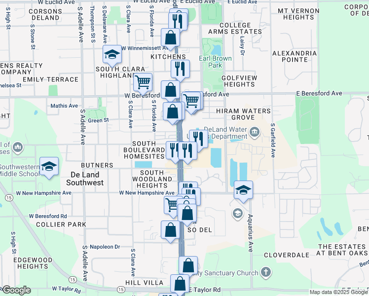 map of restaurants, bars, coffee shops, grocery stores, and more near in DeLand